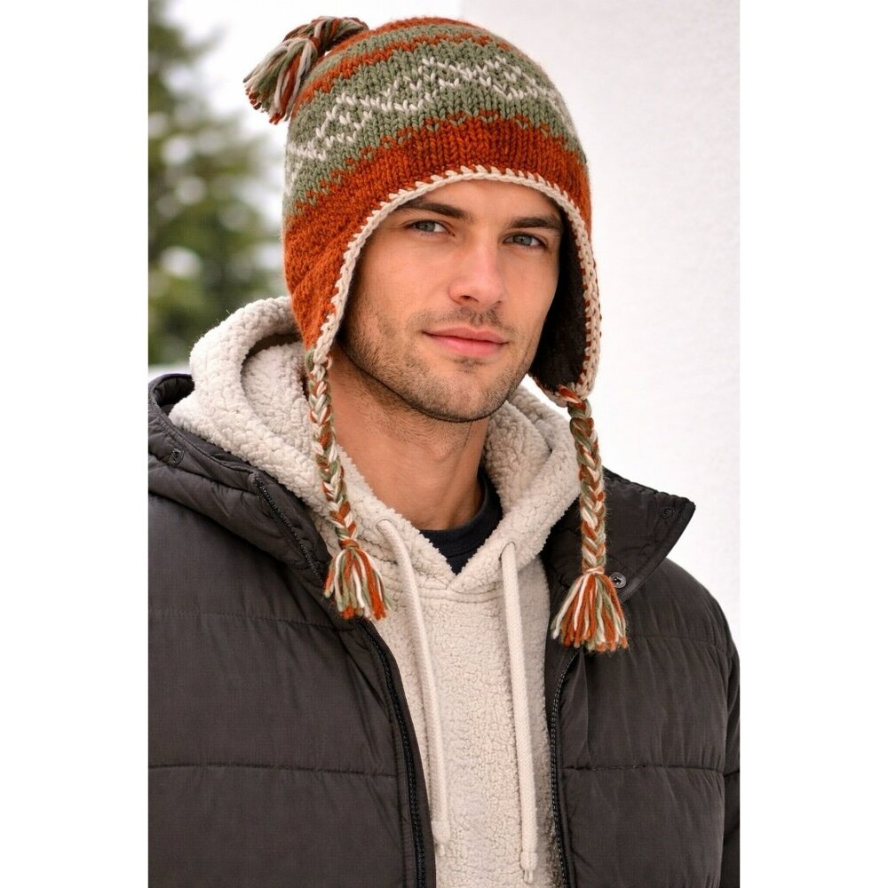 D&Y 100% Wool Knit Earflap Beanie Hat Fleece Lined Nepal Orange Green Nordic